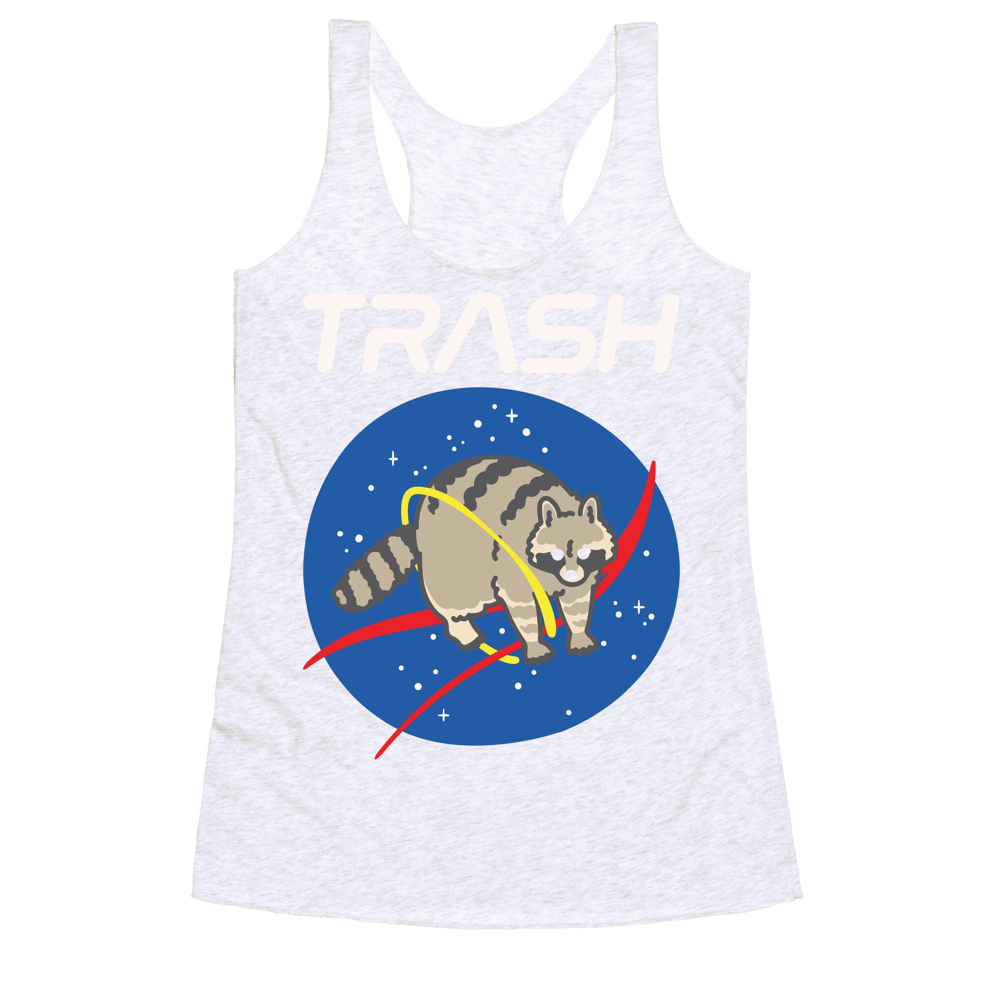 Trash Raccoon Nasa Logo Parody White Print Racerback Tank